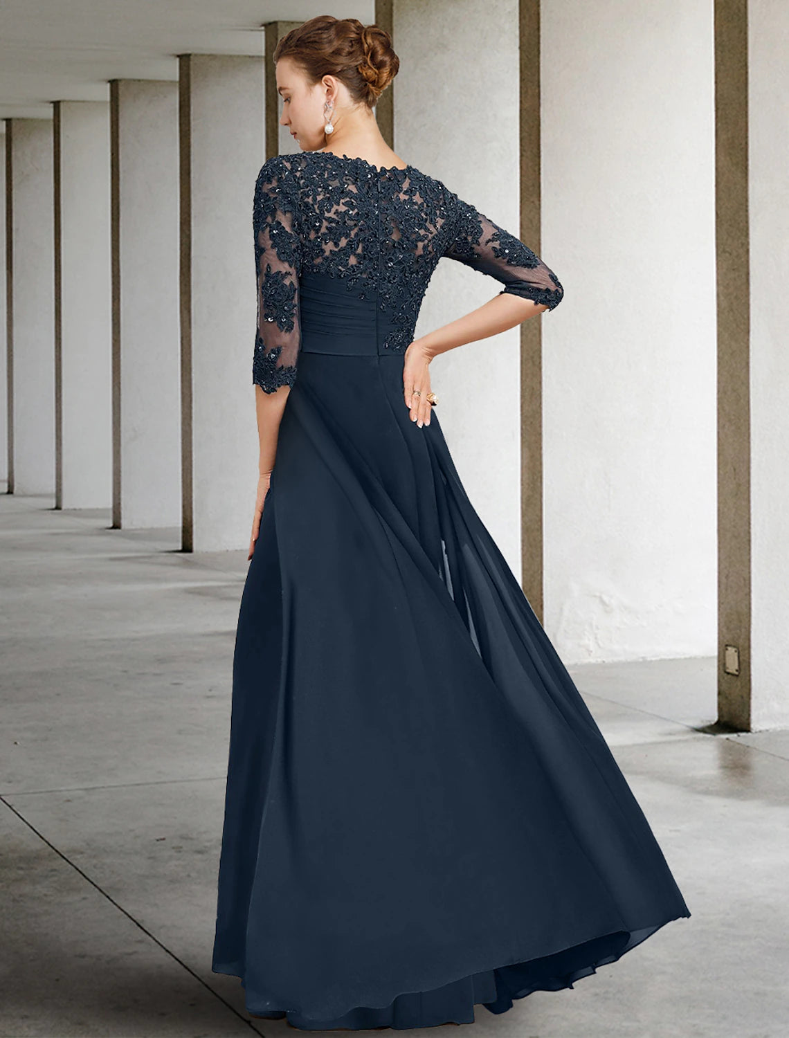 Wholesale Sheath / Column Mother of the Bride Dress Wedding Guest Elegant Jewel Neck Floor Length Chiffon Lace Half Sleeve with Sequin Ruching Solid Color